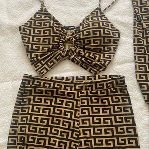 Fashion Nova Black and Tan Patterned Crop Top Set